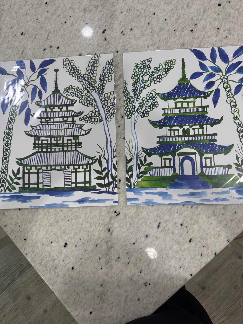 Blue & Green Pagoda Wall Art Prints – Pair